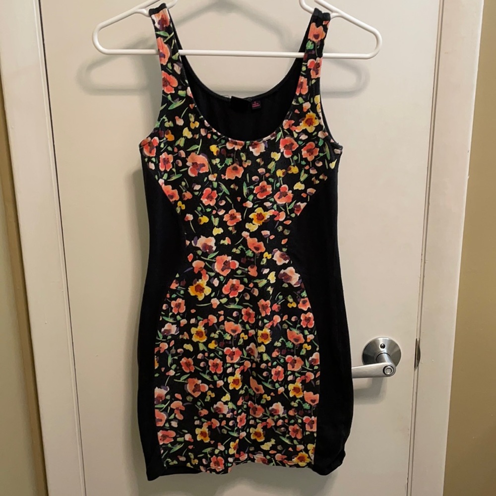 Material Girl Black and Floral Bodycon Dress